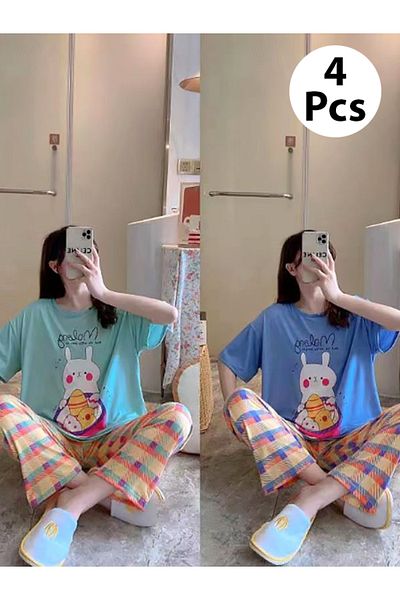 MACON 4 Pieces Short Sleeved New Style Home Wear Women Pajamas Set - Free Size