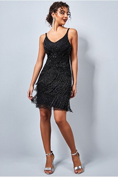 GATSBYLADY LONDON فستان تيسا الأسود القصير ذو الشراشيب