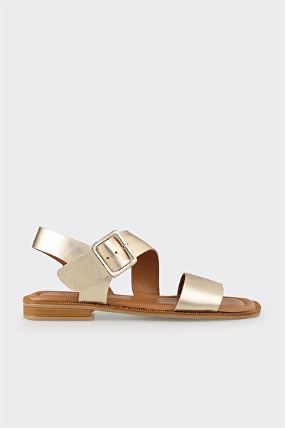 Elle Shoes Gold Deri Kadın Düz Sandalet