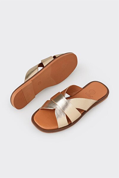 Elle Shoes Gold Deri Kadın Düz Terlik