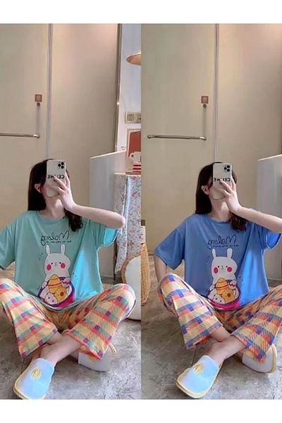MACON 4 Pieces Short Sleeved New Style Home Wear Women Pajamas Set - Free Size