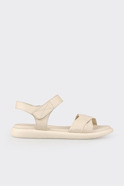 Elle Shoes Ekru Deri Kadın Düz Sandalet