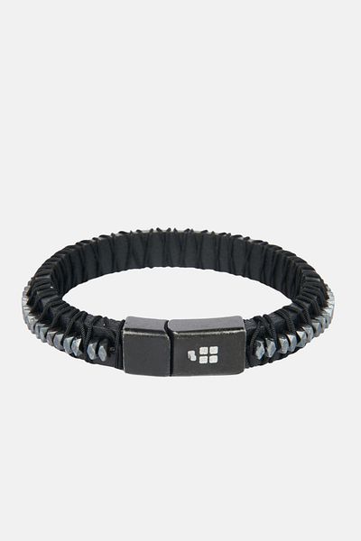 Avva Men's Anthracite 2-Piece 100% Leather and Hematite Stone Bracelet A32y9622