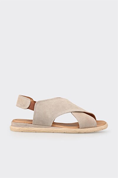 Elle Shoes Bej Deri Kadın Düz Sandalet