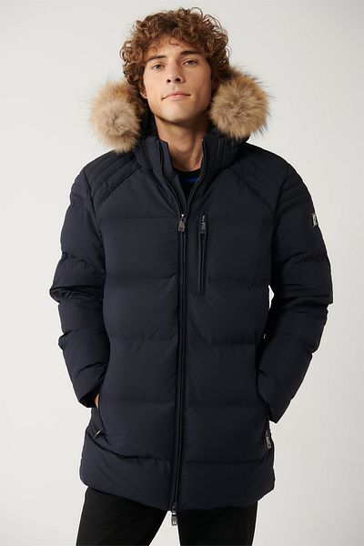 Avva Ανδρικό μπουφάν Navy Blue Puffer με φτερό χήνας Αδιάβροχο και αντιανεμικό κουκούλα με εξάρθρωση και κολάρο γούνας