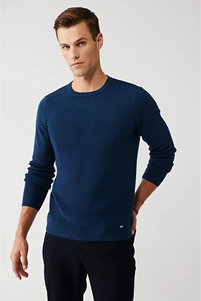 Avva Ανδρικό πλεκτό πουλόβερ με υφή βισκόζης Indigo Crew Neck A32y5136