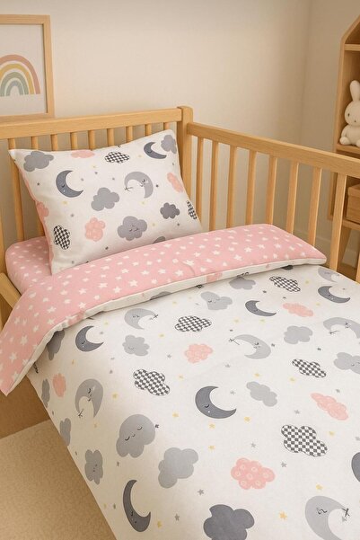 Bebek Özel Pamuklu Bebek/çocuk 70x110 Park Beşik Için Yastık Çarşaf Yorgan Uyku Seti Pembe Gri Ay Bulut