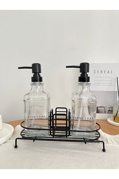 Mirilliahome Σετ διπλό γυάλινο σαπουνάδα με μεταλλική βάση – 500 ml δοσομετρητής υγρού σαπουνιού και στήριγμα για σφουγγάρι