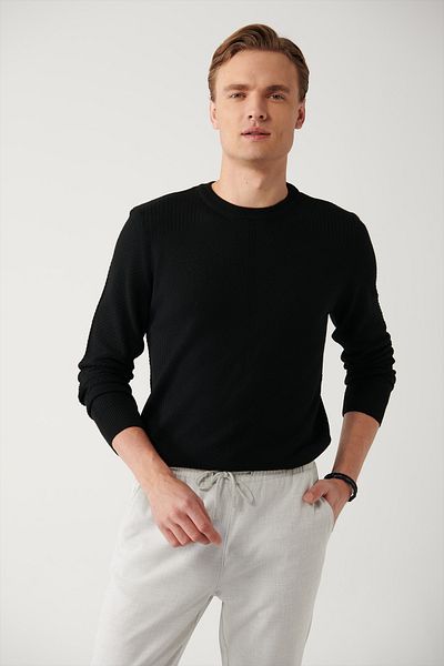 Avva Men's Black Crew Neck Patterned Wool Blended Knitwear Sweater A32Y5188