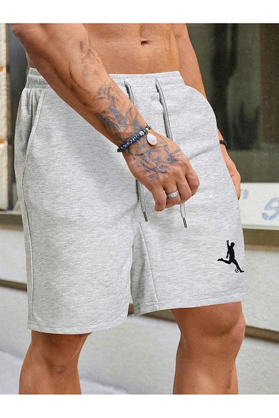 Relax family xf Pánské šedé česané bavlněné šortky a Bermudy Football Player s potiskem letní bavlny Slim Fit
