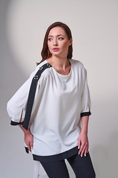 DE WHITES Plus Size Sleeveless Skirt with Stone Accessories Bluz with Garnish