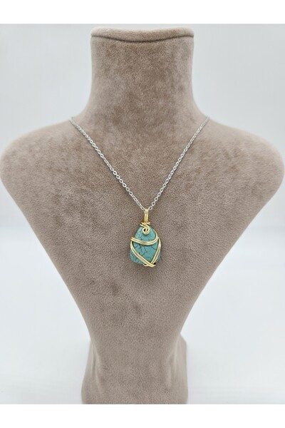 MORMEYDAN Firuze Taşı Doğal Taş Kolye - Tel Sarmalı