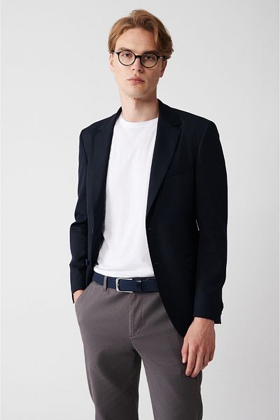Avva Men's Navy Blue Single Slit Flap Pocket Lined Jacket A32Y4022