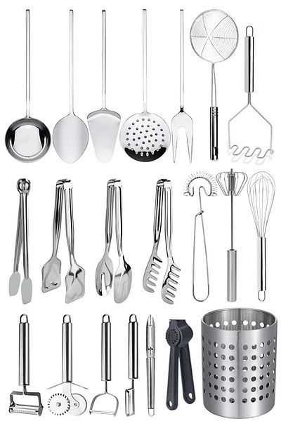 Mirilliahome 21 Piece Stainless Steel Serving and Cooking Set – Spoon Holder, Tongs, Ladle, Colander, Whisk Set
