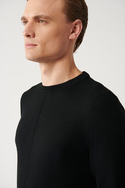 Avva Men's Black Crew Neck Patterned Wool Blended Knitwear Sweater A32Y5188