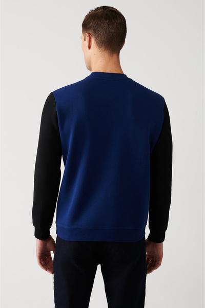 Avva Erkek Saks Bisiklet Yaka 3 İplik Şardonlu Slogan Baskılı Sweatshirt A32Y1385