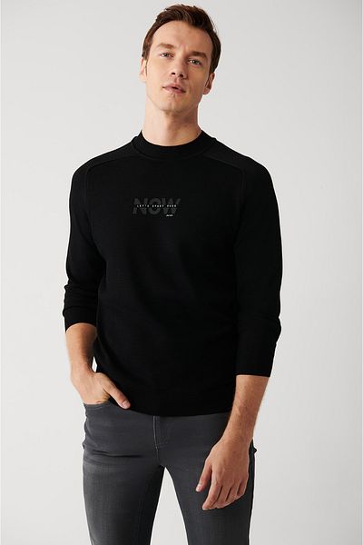 Avva Men's Black Crew Neck Textured Rayon Knitwear Sweater A32Y5107
