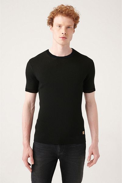 Avva Men's Black Crew Neck Ribbed Ribbed Knitwear T-Shirt A31Y5003