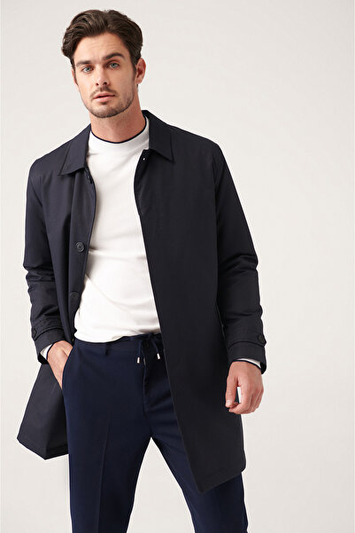 Avva Erkek Lacivert Klasik Yaka Kapitoneli Su İtici Trençkot A31Y6000