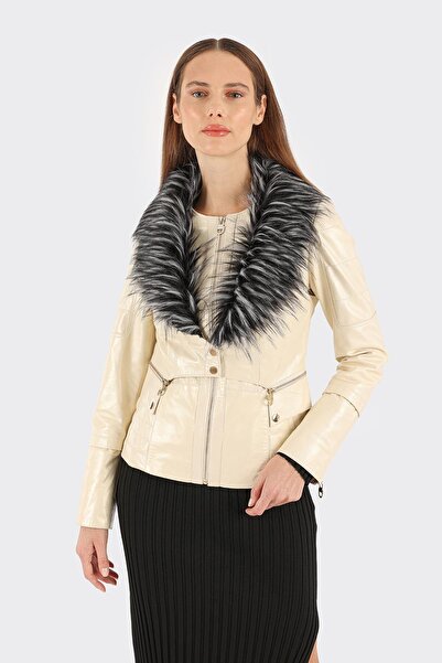 Elle Shoes Ekru Deri Kadın Ceket