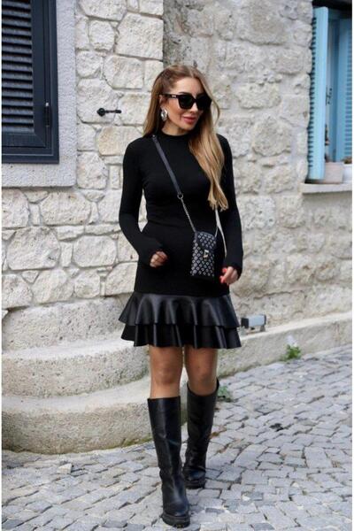 Genel Markalar Kadın Uzun Kollu Bisiklet Yaka üst Viskon Etek Ucu Deri Kısa E...