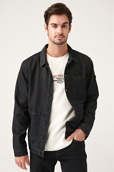 Avva Pánsky čierny klasický golier 100% bavlna Denim Coat A31Y6002