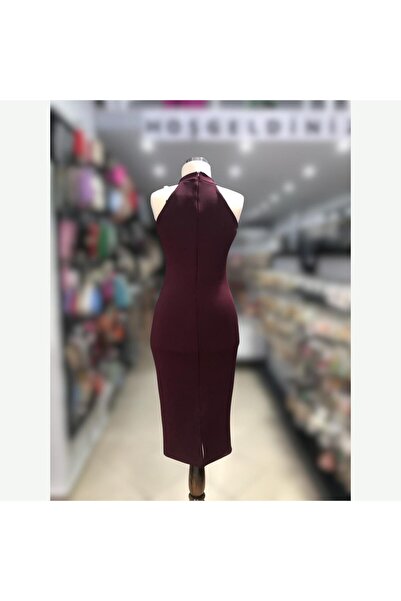 Bijutek Scuba Kumaş Bordo Sıfır Kol Boğazlı Elbise