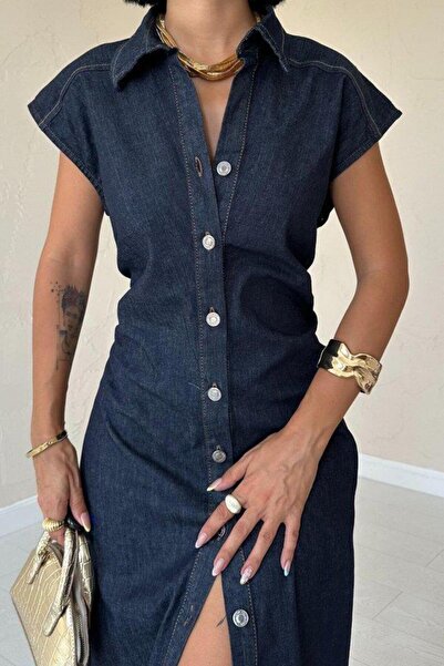 Lady Moss Μπλε αμάνικο φόρεμα με επένδυση