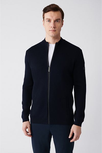 Avva Men's Navy Blue Stand Collar Zippered Knitwear Cardigan A31Y5101