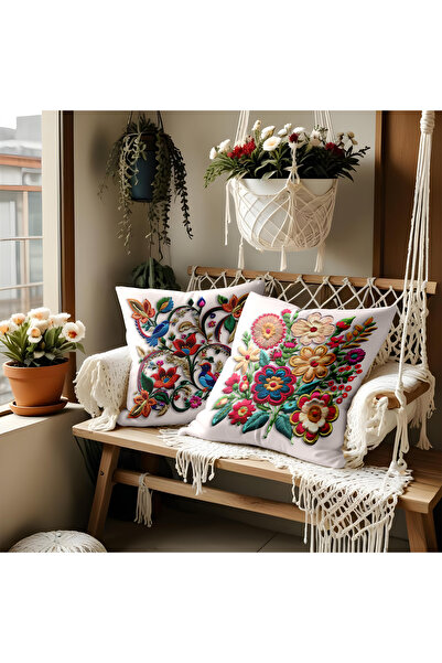 ALAMODECOR Husă pentru pernă cu model de broderie Punch, cu două fețe, digitală, cu cu imprimeu flori și păsări, cu tematică de 2 bucăți