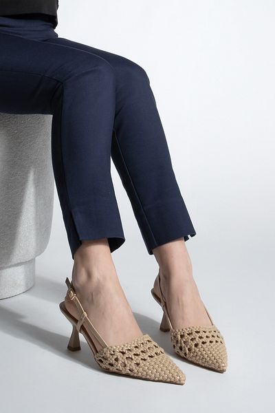 Marjin Beige Stiletto Shoes - Pointed Toe Hand Braided Slingback Heels for Women
