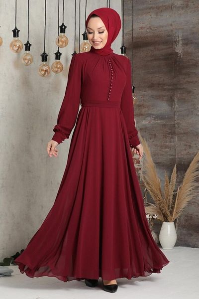 Neva Style - Μπορντό Φόρεμα Hijab με λεπτομέρεια με κουμπί 2703br