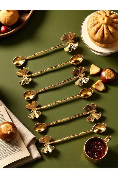 CHANCE GİFT 12 Pcs Butterfly Model Spoon Gold Plated Tea and Coffee Spoon Butterfly Figure Presentation Spoon