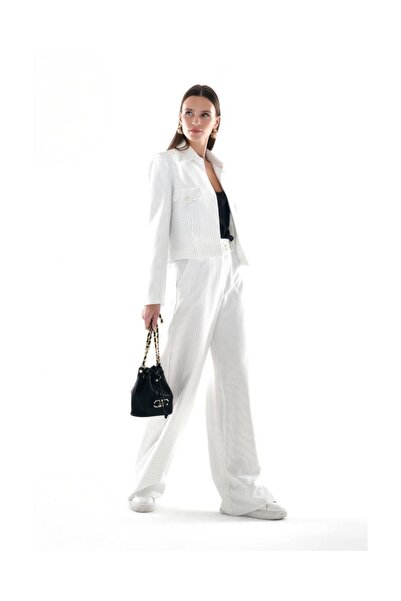 MODA Kadın Çizgili Gold Düğmeli Kısa Ceket Pantalon Takım