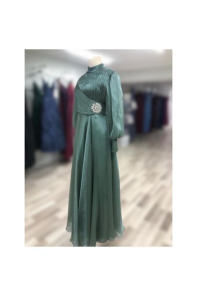 Bijutek Janjan Hijab Evening Dress with Stone Detail on the Front and Cross Draping Special Occasion - Event / Graduation