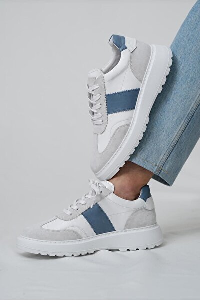 TETRİ Missouri Model Hakiki Deri El Yapımı Erkek Beyaz Mavi Sneaker