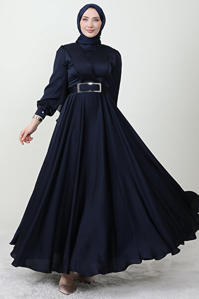 Pleated Front Modest Evening Dress Navy Blue