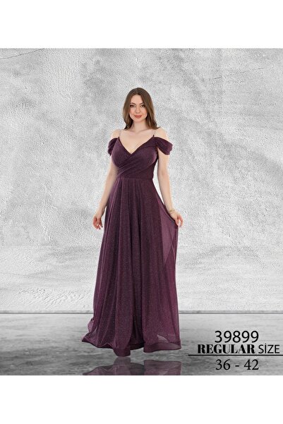 Bijutek Bordo ve Mürdüm Maxi Sıfır Kol Simli Tül Abiye Özel Gün - Davet / Mezuniyet Elbisesi