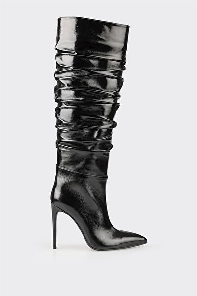 Elle Shoes Siyah Deri Kadın Topuklu Çizme