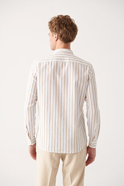 Avva Ανδρικό μπεζ πουκάμισο με ριγέ λινό βαμβακερό γιακά A31y2076