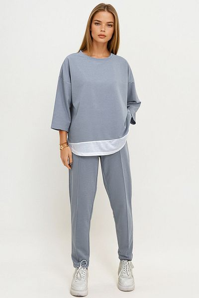VAGGON Bluză cu garnitură de culoare albastră pentru femei și pantaloni cu cusături cu buzunare duble Set dublu Prm0835