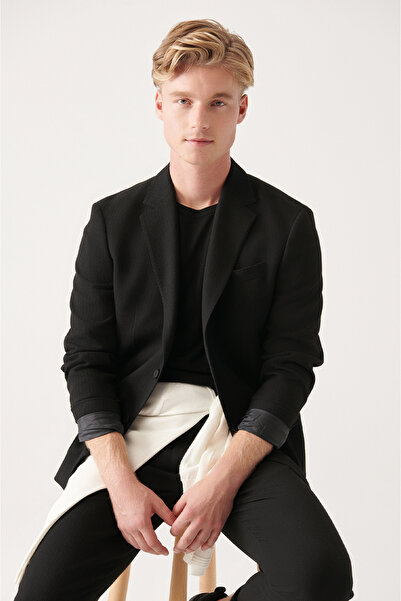 Avva Men's Black Lined Flexible Fabric Double Slit Jacket A31y4002