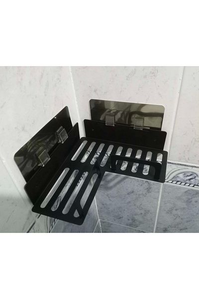 ardini Black Shampoo Holder Mat - Whether Screwed, Self-adhesive Bathroom Corner Shelf