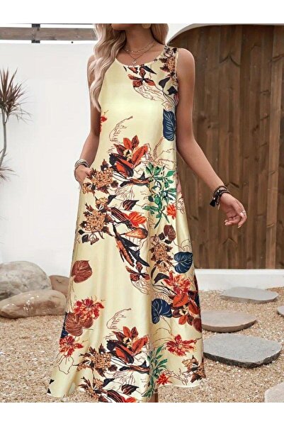 Bijuterria Women's Strappy Round Neck Pocket Patterned Single Jersey Dress