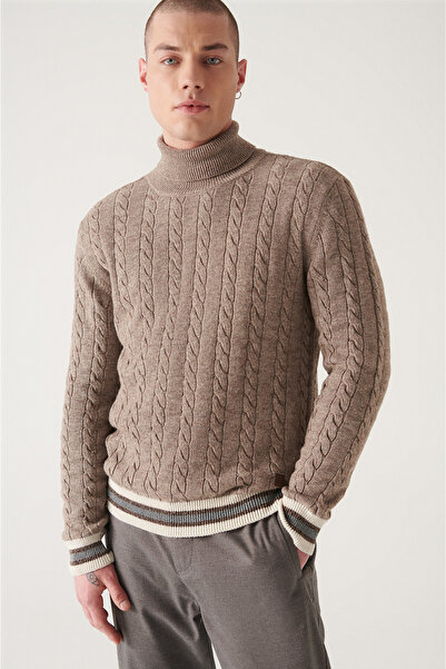 Avva Erkek Vizon Tam Balıkçı Yaka Saç Örgülü Triko Kazak A22Y5041