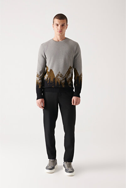 Avva Pánský khaki svetr s výstřihem se vzorem 100% bavlny A22Y5064