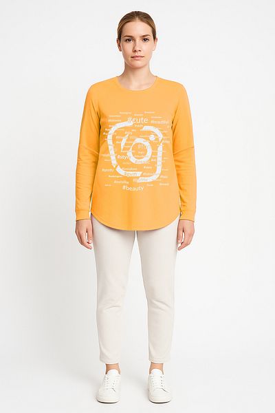Cottonland Tricou cu imprimeu din bumbac pieptănat subțire galben MORGAN - mânecă lungă, decolteu