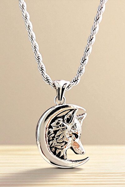 AK STORE SİLVER Gümüş Kaplama K-103 Paslanmaz Kromix Erkek Kolye Madalyon Hilal İçinde Bozkurt