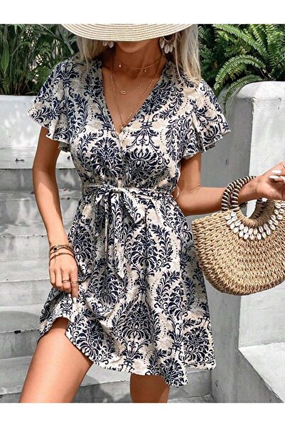 Asil Acar Home Women's Short Sleeve V-Neck Belted Waist Patterned Sofia Dress