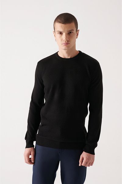 Avva Men's Black Crew Neck Honeycomb Textured Knitwear Sweater A22Y5073